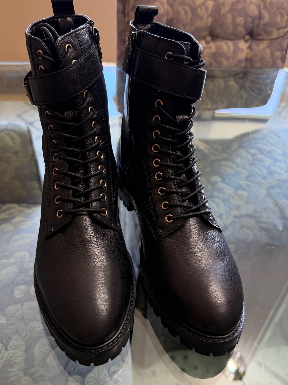 Nasty Gal Black Lace-Up Combat Boots with Ankle Strap